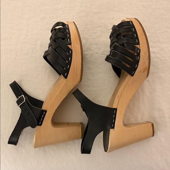 Swedish Hasbeens Black Leather Clogs/ Heels main image 0